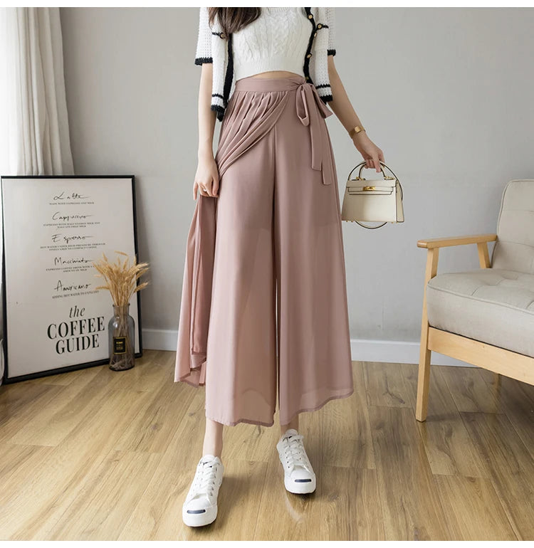 Spring Summer New Style Korean Women Pleated Chiffon Trousers High Waist Pants Hakama Casual Wide Leg Pantalone