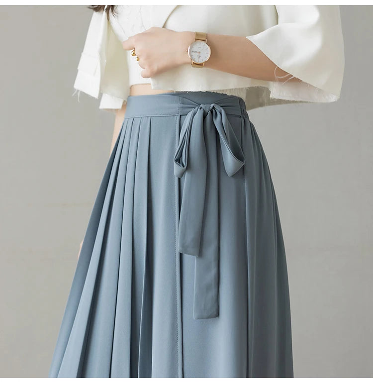 Spring Summer New Style Korean Women Pleated Chiffon Trousers High Waist Pants Hakama Casual Wide Leg Pantalone