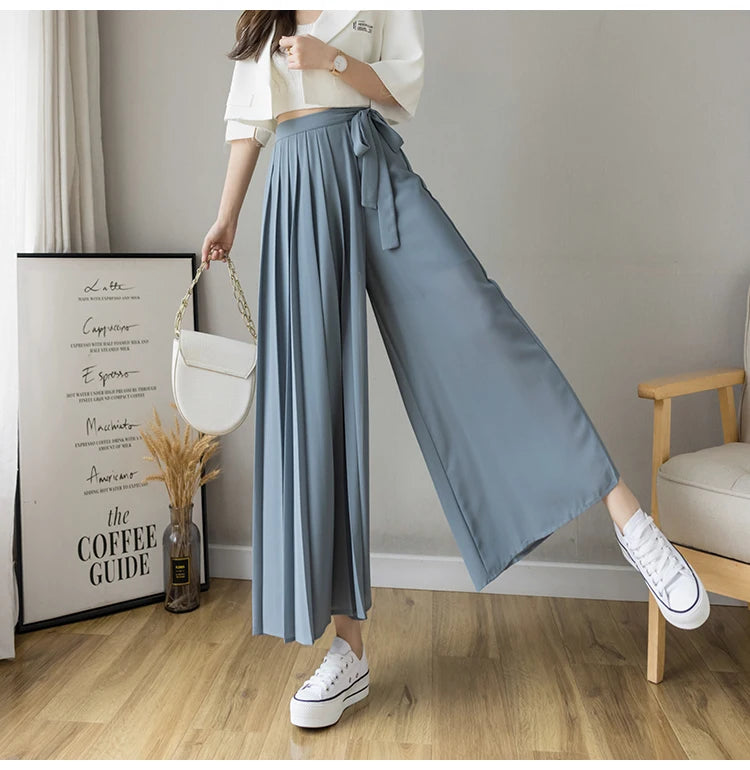 Spring Summer New Style Korean Women Pleated Chiffon Trousers High Waist Pants Hakama Casual Wide Leg Pantalone