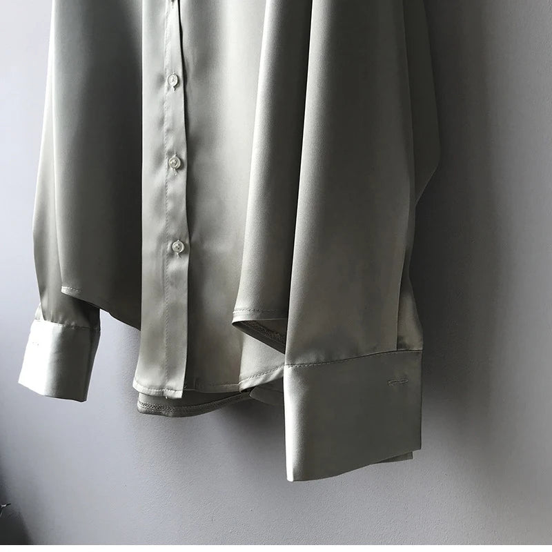 Fashion Button Up Satin Silk Shirt Vintage Blouse Women White Tops Lady Long Sleeves Female Loose Street Shirts