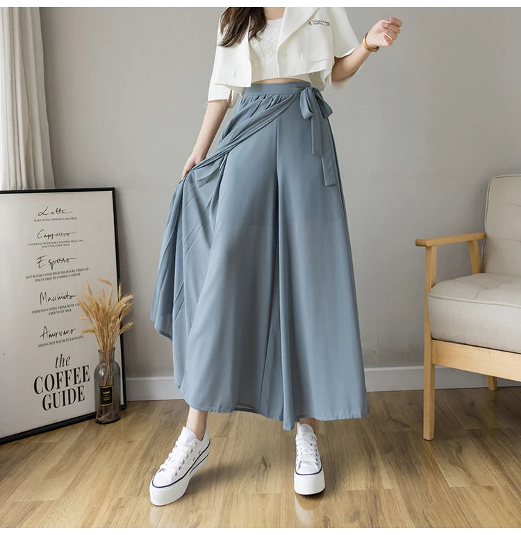 Spring Summer New Style Korean Women Pleated Chiffon Trousers High Waist Pants Hakama Casual Wide Leg Pantalone