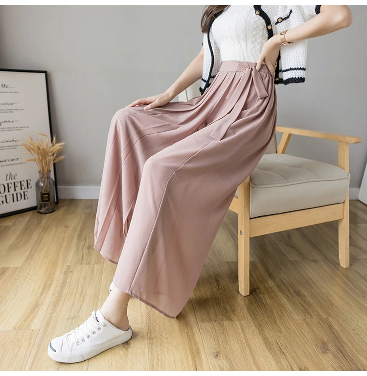 Spring Summer New Style Korean Women Pleated Chiffon Trousers High Waist Pants Hakama Casual Wide Leg Pantalone