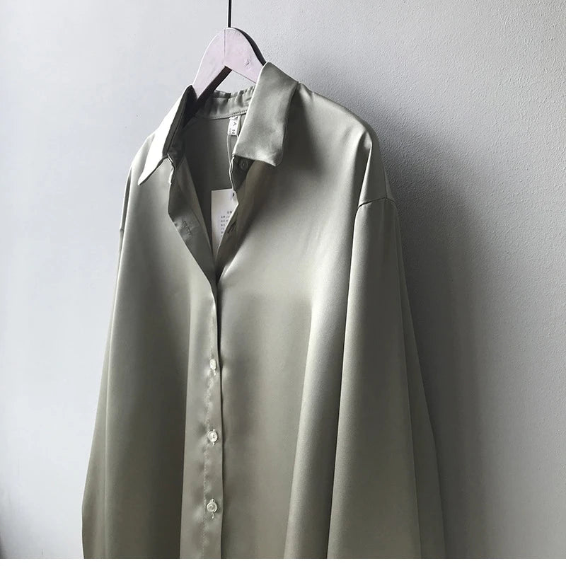 Fashion Button Up Satin Silk Shirt Vintage Blouse Women White Tops Lady Long Sleeves Female Loose Street Shirts