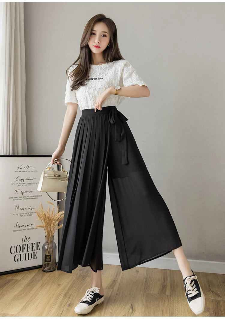 Spring Summer New Style Korean Women Pleated Chiffon Trousers High Waist Pants Hakama Casual Wide Leg Pantalone