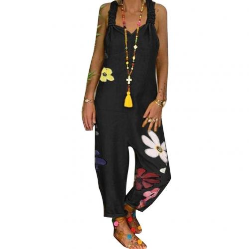 Women Sleeveless Bib Overall Backless Floral Print Loose Jumpsuit Dungarees