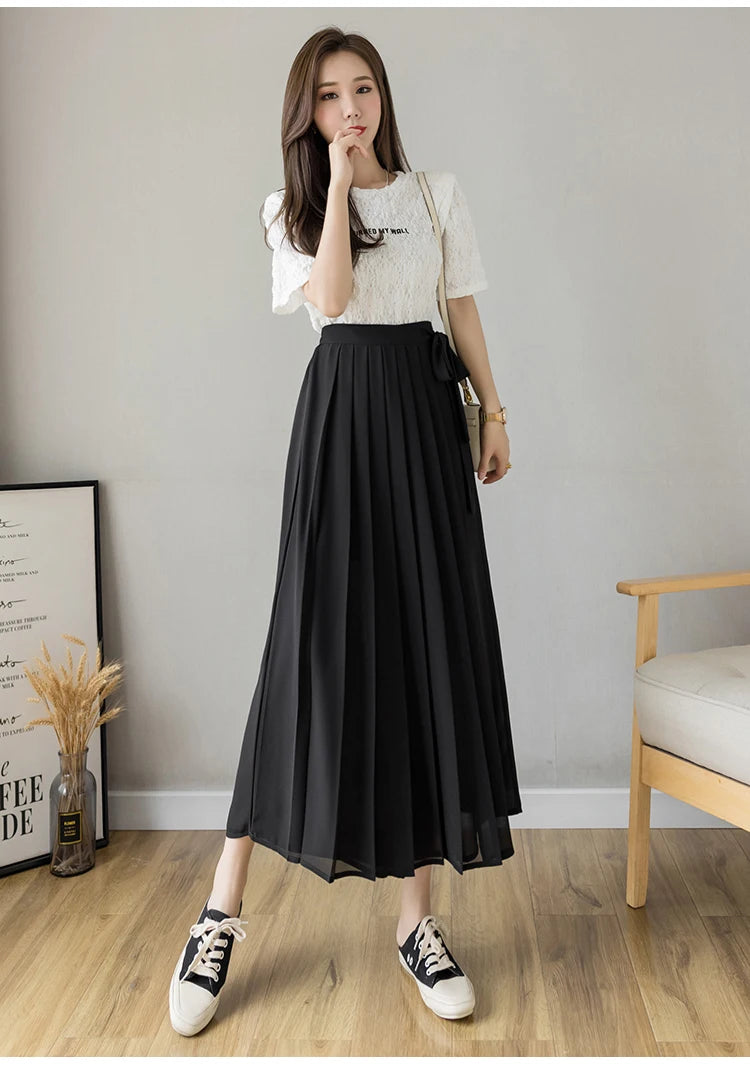 Spring Summer New Style Korean Women Pleated Chiffon Trousers High Waist Pants Hakama Casual Wide Leg Pantalone