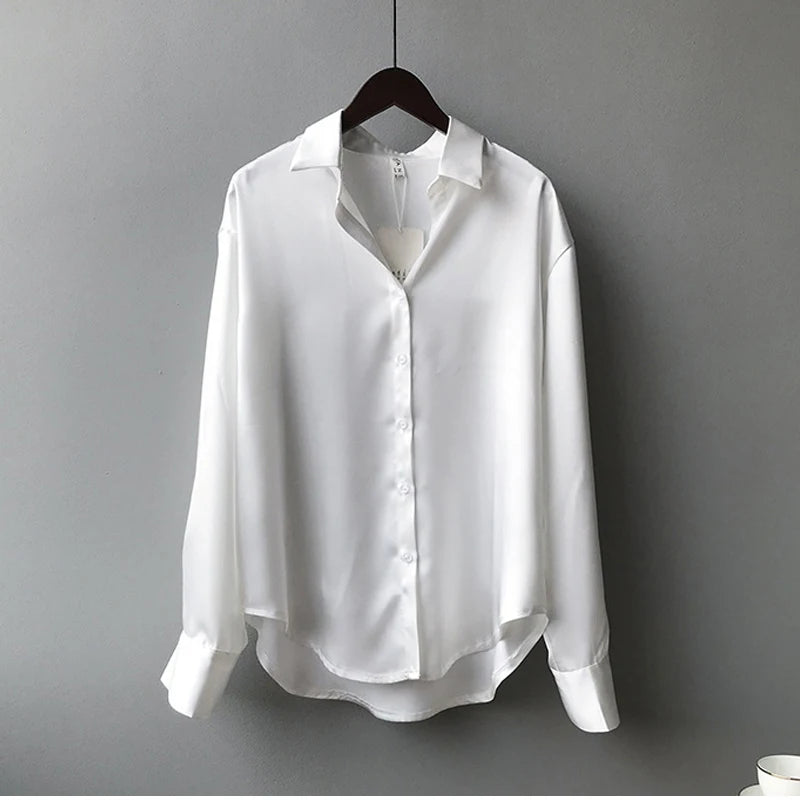 Fashion Button Up Satin Silk Shirt Vintage Blouse Women White Tops Lady Long Sleeves Female Loose Street Shirts