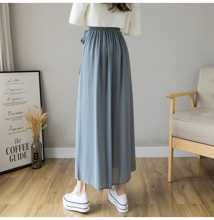 Spring Summer New Style Korean Women Pleated Chiffon Trousers High Waist Pants Hakama Casual Wide Leg Pantalone