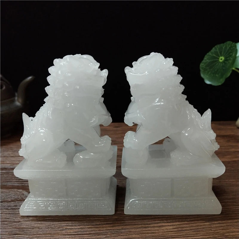 2Pcs Gold Fu Foo Dogs Lions Statues Feng Shui Man-made Jade Stone Buddha Dragon Sculpture Figurines Statue Home Decoration