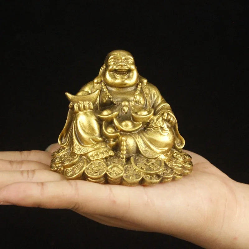 Pure Brass Copper Maitreya Car Buddha figure, good luck and  Metal Gold Coin Buddha Statue Home Decoration Ornament Craft Gift