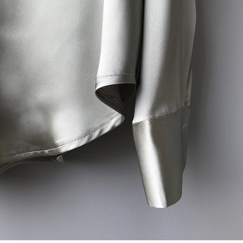 Fashion Button Up Satin Silk Shirt Vintage Blouse Women White Tops Lady Long Sleeves Female Loose Street Shirts