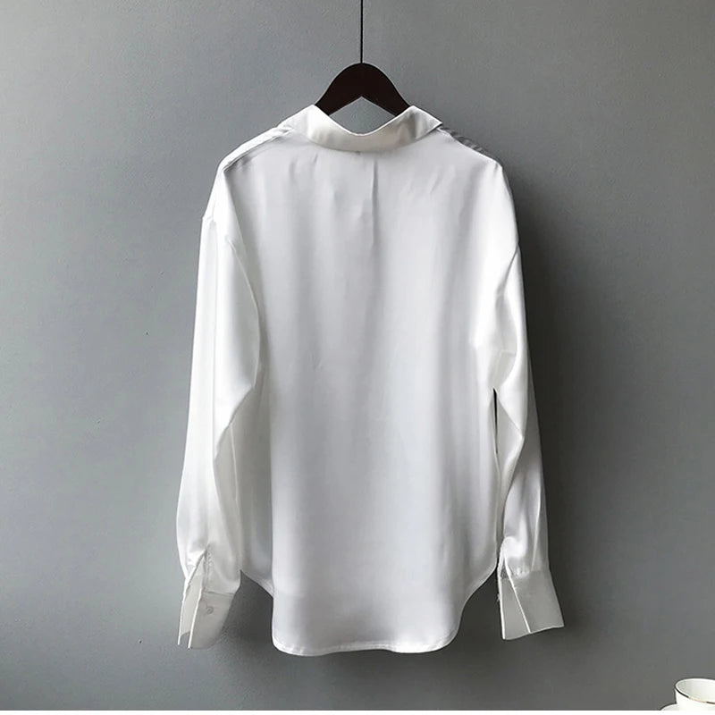 Fashion Button Up Satin Silk Shirt Vintage Blouse Women White Tops Lady Long Sleeves Female Loose Street Shirts