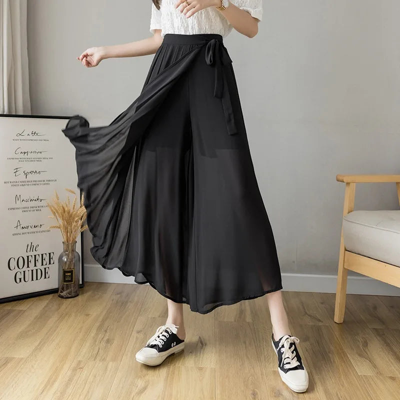 Spring Summer New Style Korean Women Pleated Chiffon Trousers High Waist Pants Hakama Casual Wide Leg Pantalone