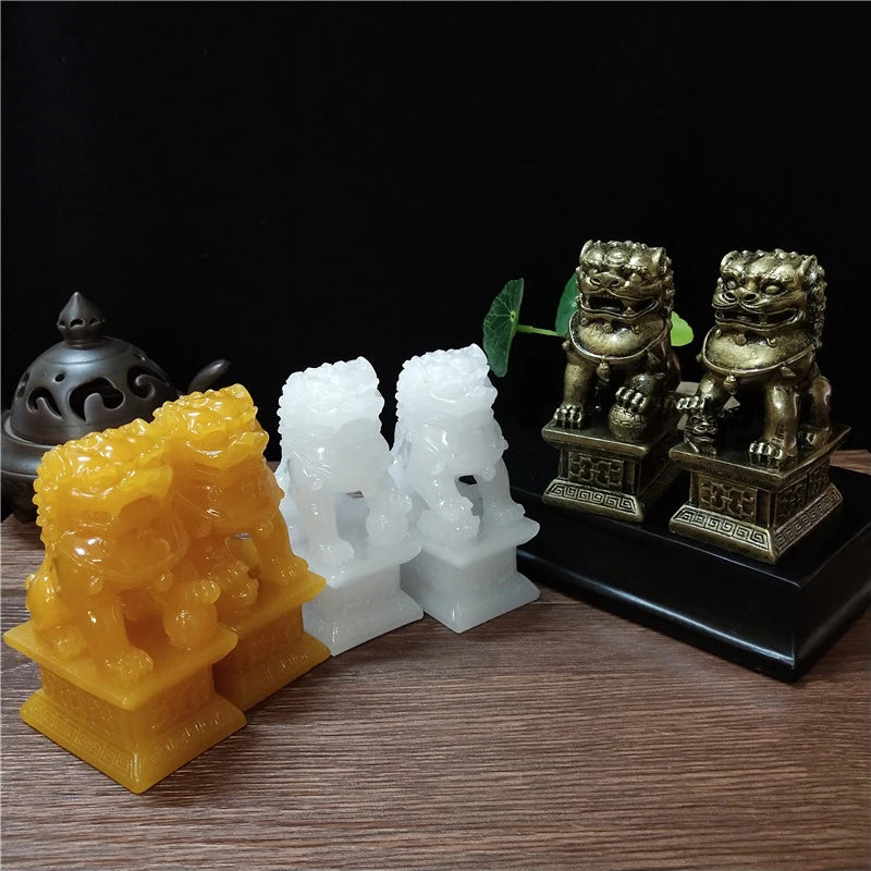 2Pcs Gold Fu Foo Dogs Lions Statues Feng Shui Man-made Jade Stone Buddha Dragon Sculpture Figurines Statue Home Decoration