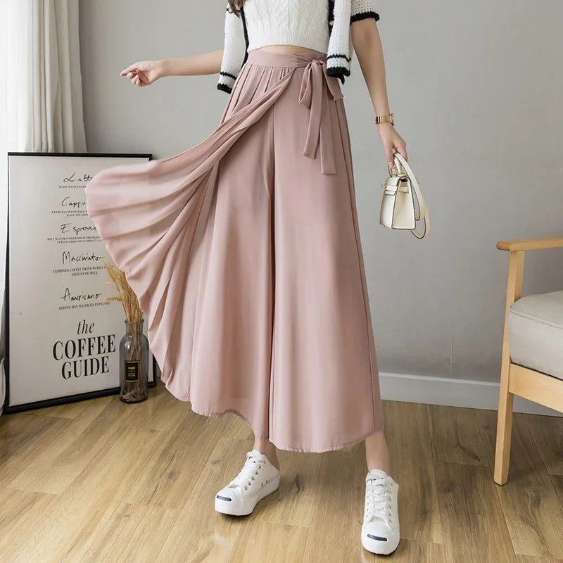Spring Summer New Style Korean Women Pleated Chiffon Trousers High Waist Pants Hakama Casual Wide Leg Pantalone