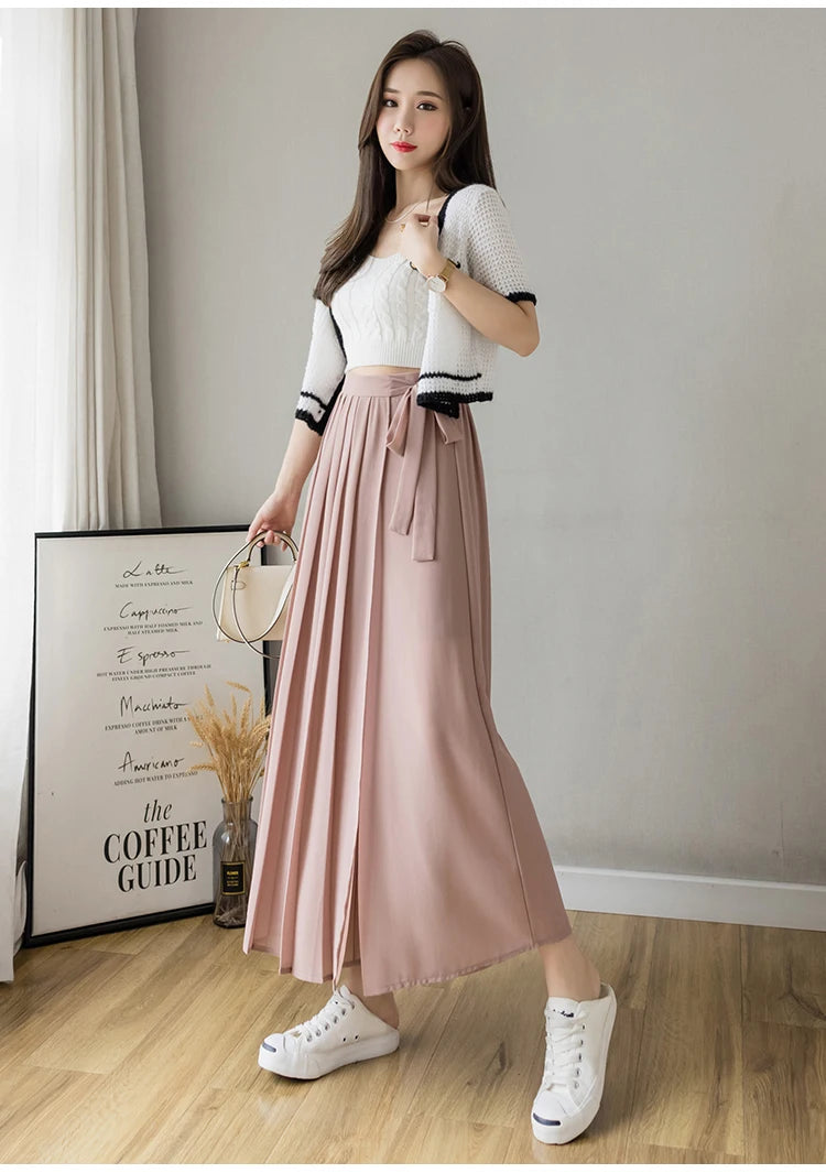 Spring Summer New Style Korean Women Pleated Chiffon Trousers High Waist Pants Hakama Casual Wide Leg Pantalone