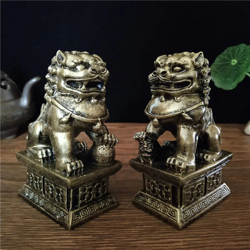 2Pcs Gold Fu Foo Dogs Lions Statues Feng Shui Man-made Jade Stone Buddha Dragon Sculpture Figurines Statue Home Decoration