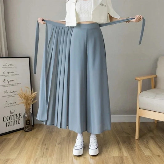 Spring Summer New Style Korean Women Pleated Chiffon Trousers High Waist Pants Hakama Casual Wide Leg Pantalone