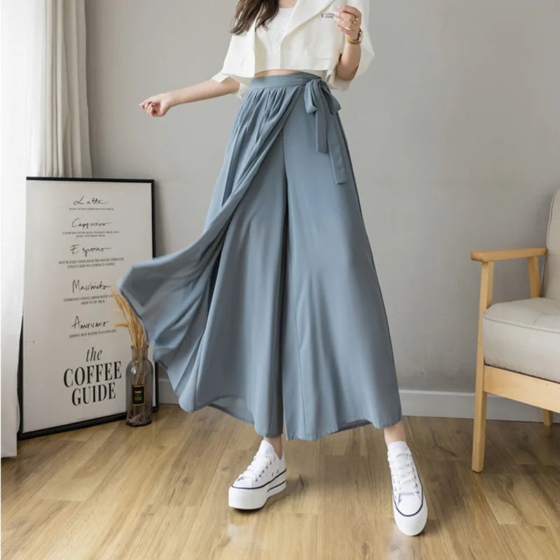 Spring Summer New Style Korean Women Pleated Chiffon Trousers High Waist Pants Hakama Casual Wide Leg Pantalone