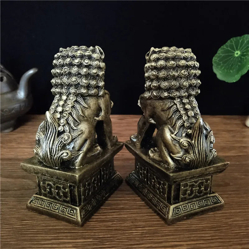 2Pcs Gold Fu Foo Dogs Lions Statues Feng Shui Man-made Jade Stone Buddha Dragon Sculpture Figurines Statue Home Decoration