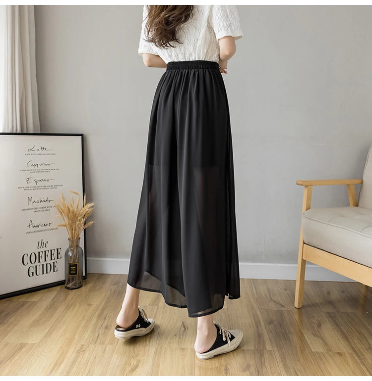 Spring Summer New Style Korean Women Pleated Chiffon Trousers High Waist Pants Hakama Casual Wide Leg Pantalone