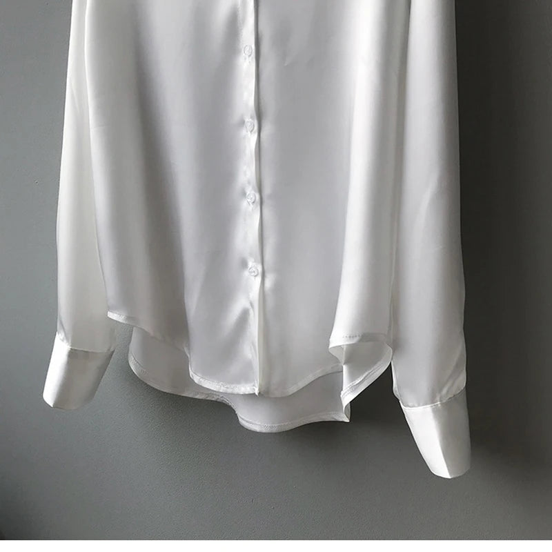 Fashion Button Up Satin Silk Shirt Vintage Blouse Women White Tops Lady Long Sleeves Female Loose Street Shirts