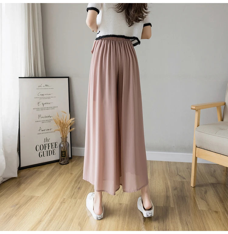 Spring Summer New Style Korean Women Pleated Chiffon Trousers High Waist Pants Hakama Casual Wide Leg Pantalone