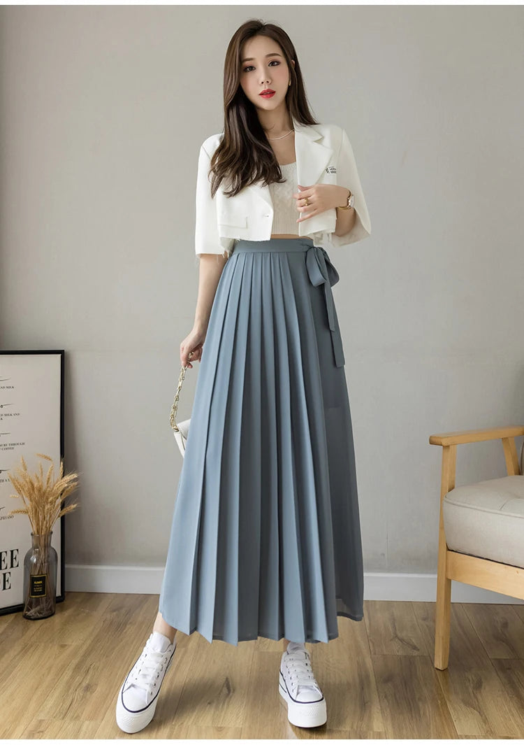 Spring Summer New Style Korean Women Pleated Chiffon Trousers High Waist Pants Hakama Casual Wide Leg Pantalone