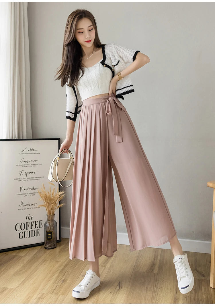 Spring Summer New Style Korean Women Pleated Chiffon Trousers High Waist Pants Hakama Casual Wide Leg Pantalone