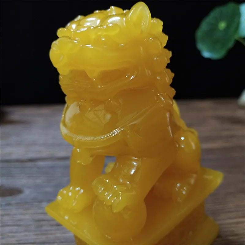 2Pcs Gold Fu Foo Dogs Lions Statues Feng Shui Man-made Jade Stone Buddha Dragon Sculpture Figurines Statue Home Decoration