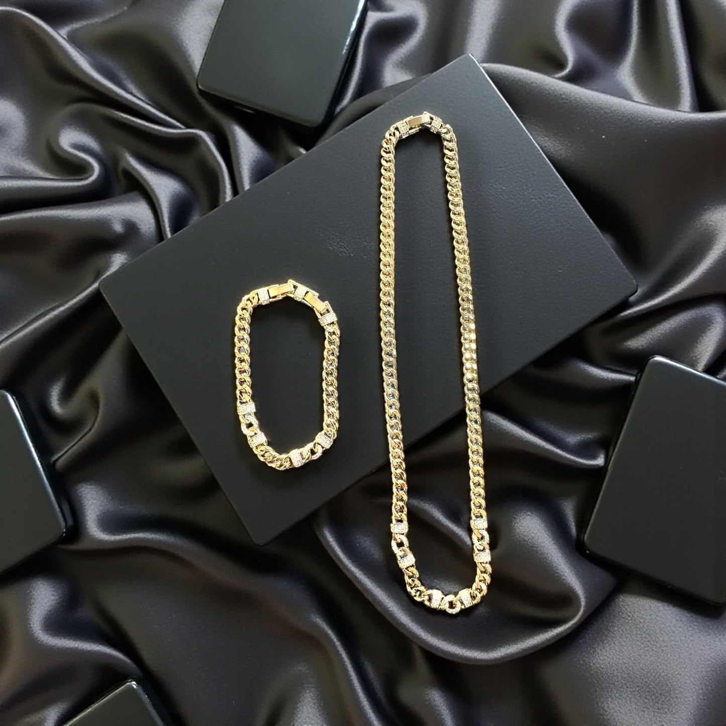 18K Gold Plated Diamond Cuban Link Chain and Bracelet Set