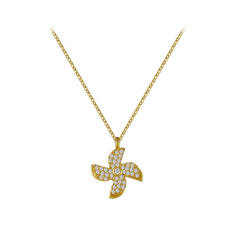 Four-Blade Crystal Pinwheel Pendant Necklace| Gold Plated Kinetic Windmill Crystal Choker