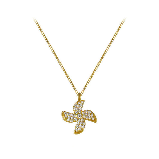 Four-Blade Crystal Pinwheel Pendant Necklace| Gold Plated Kinetic Windmill Crystal Choker