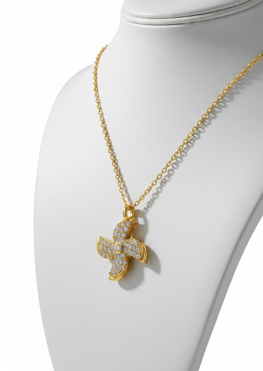 Four-Blade Crystal Pinwheel Pendant Necklace| Gold Plated Kinetic Windmill Crystal Choker