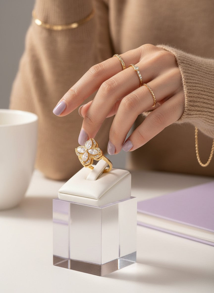 Mariposa Marquise Crystal Clover Ring | Adjustable Gold Plated Pavé Floral Statement Ring