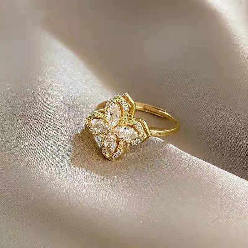 Mariposa Marquise Crystal Clover Ring | Adjustable Gold Plated Pavé Floral Statement Ring