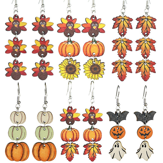 Wooden Fall Earrings — Turkey, Pumpkin, Maple Leaf & Halloween