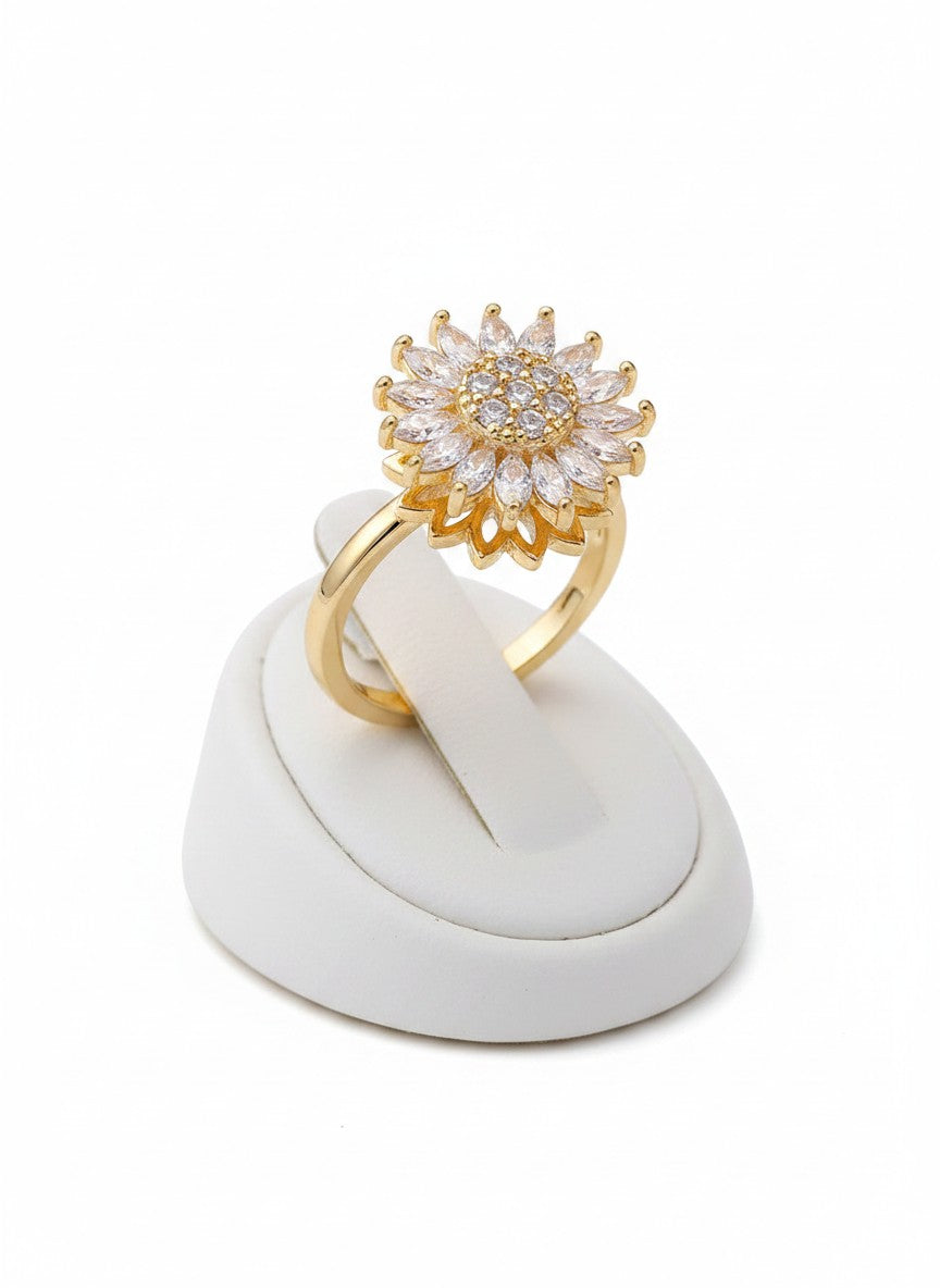 Solis Spinning Sunflower Statement Ring | Adjustable Gold Plated Kinetic Fidget Crystal Ring