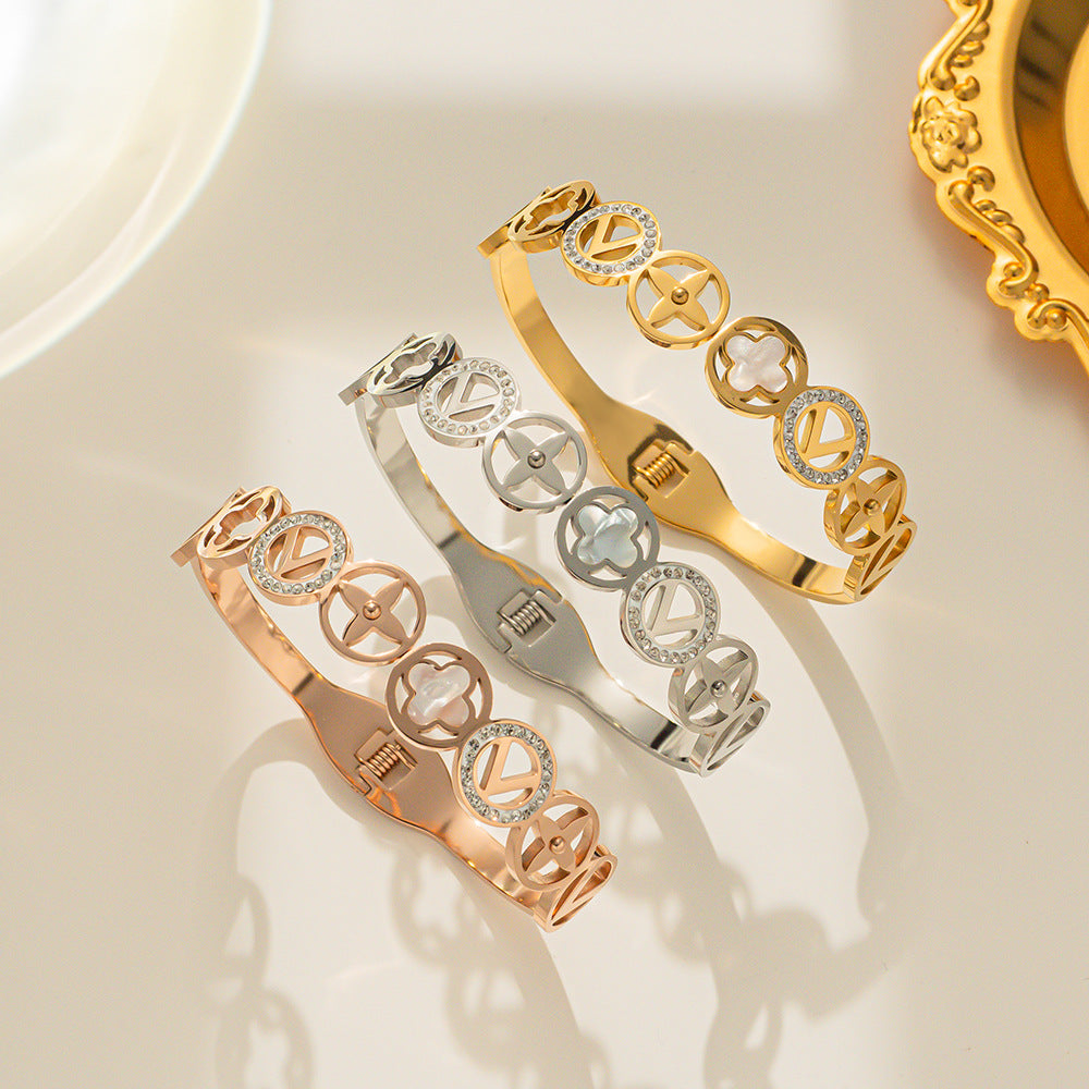 Minimalist Geometric Titanium Steel Bracelet with Micro-Pavé Zirconia for Women