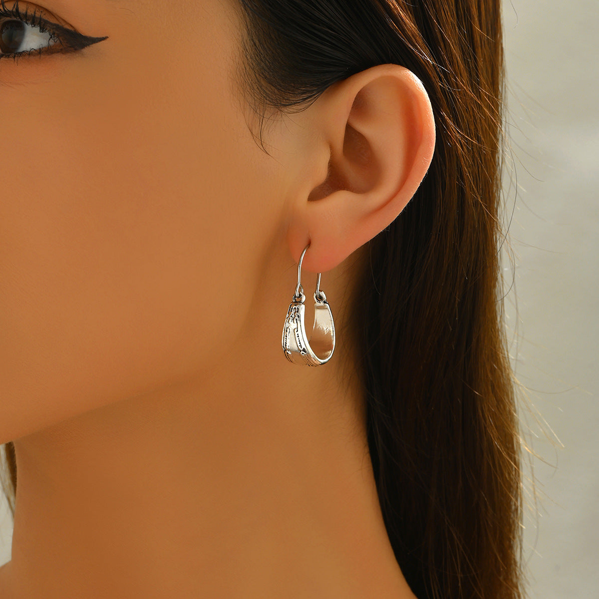 Sienna Antique Silver Tribal Crescent Hoops | Vintage Engraved Geometric Latch-Back Earrings
