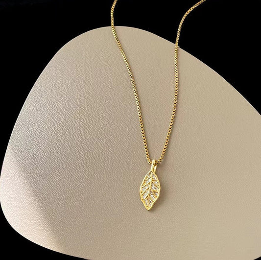 18K Gold Plated Pave Crystal Leaf Necklace