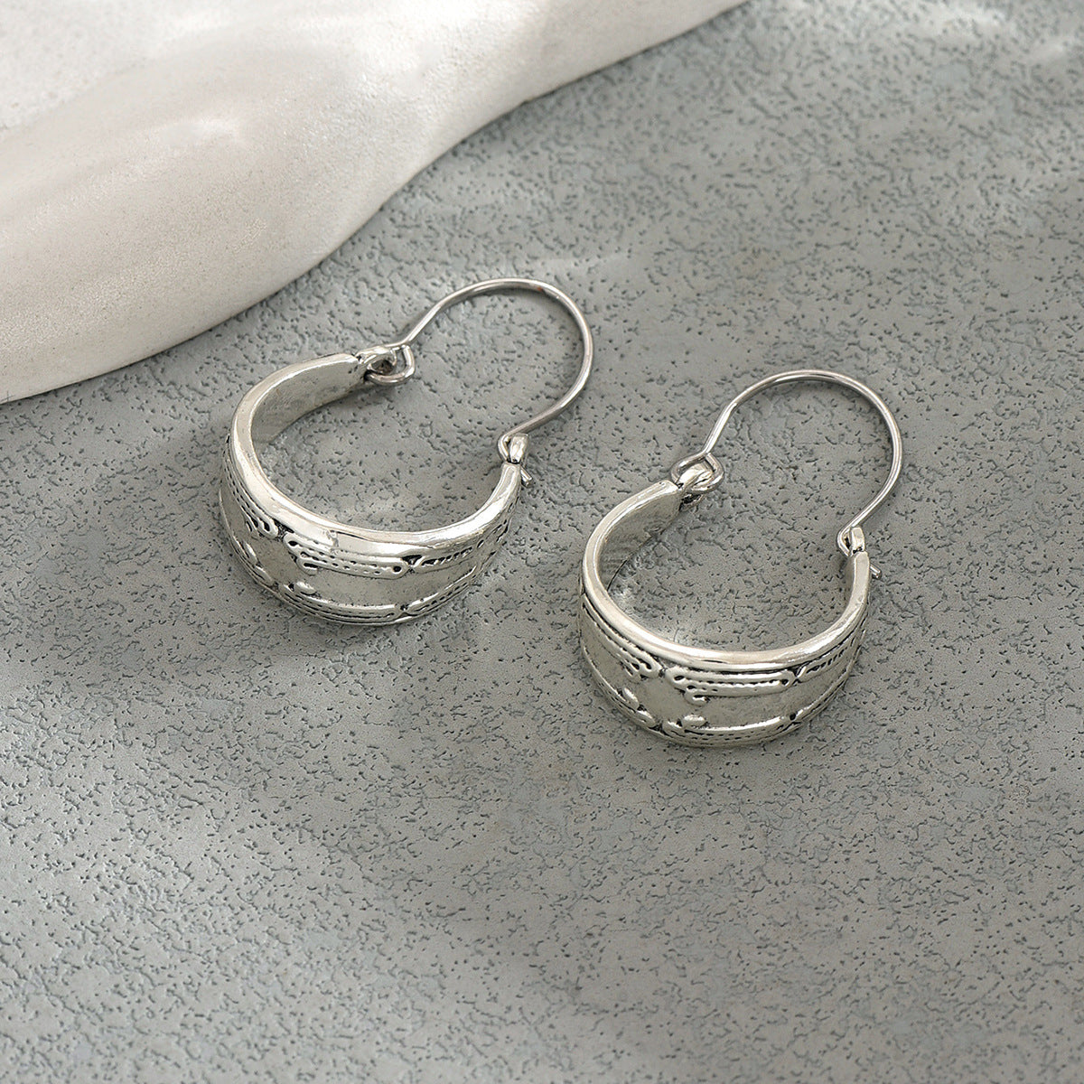 Sienna Antique Silver Tribal Crescent Hoops | Vintage Engraved Geometric Latch-Back Earrings