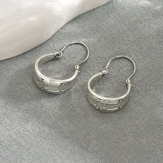 Sienna Antique Silver Tribal Crescent Hoops | Vintage Engraved Geometric Latch-Back Earrings