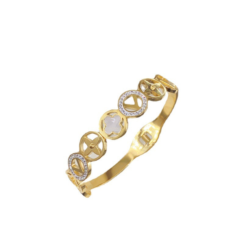 Minimalist Geometric Titanium Steel Bracelet with Micro-Pavé Zirconia for Women