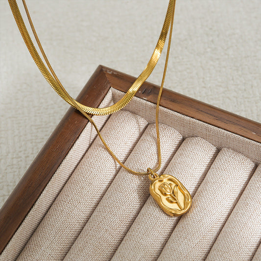 Gold Herringbone Snake Chain & Vintage Rose Medallion Pendant