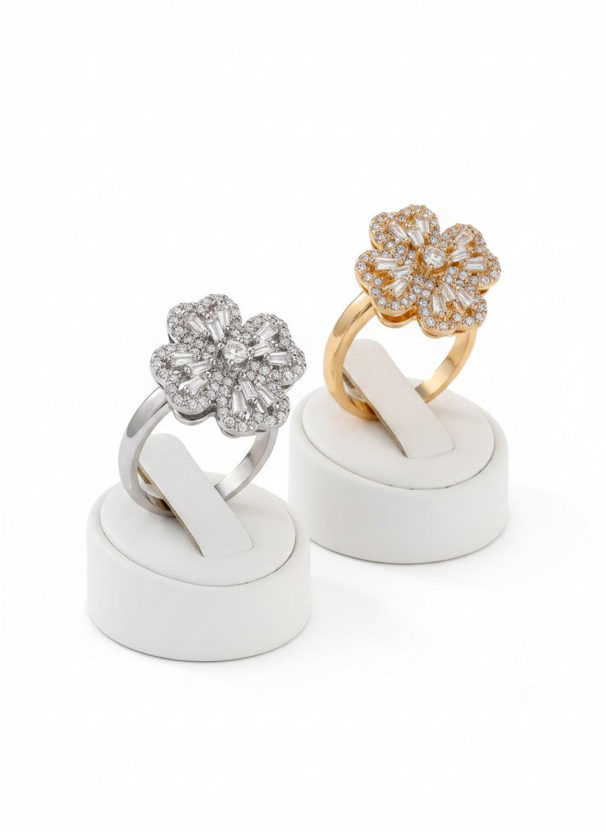 Grand Pavé & Baguette Crystal Blossom Ring | Gold or Silver Plated Tiered Floral Cocktail Ring
