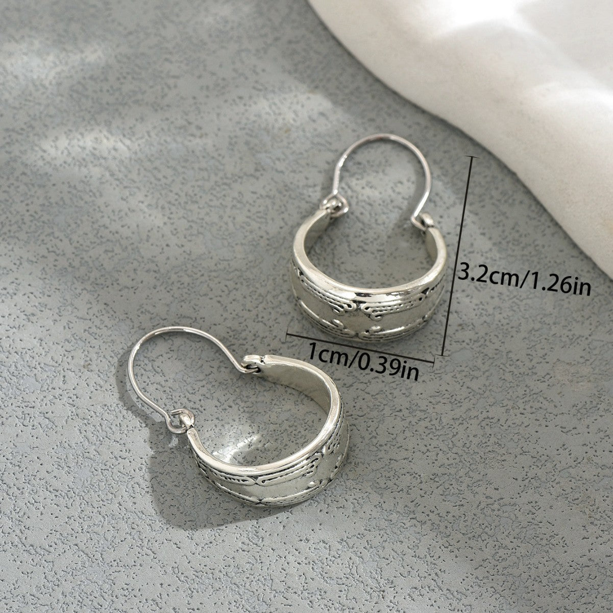 Sienna Antique Silver Tribal Crescent Hoops | Vintage Engraved Geometric Latch-Back Earrings