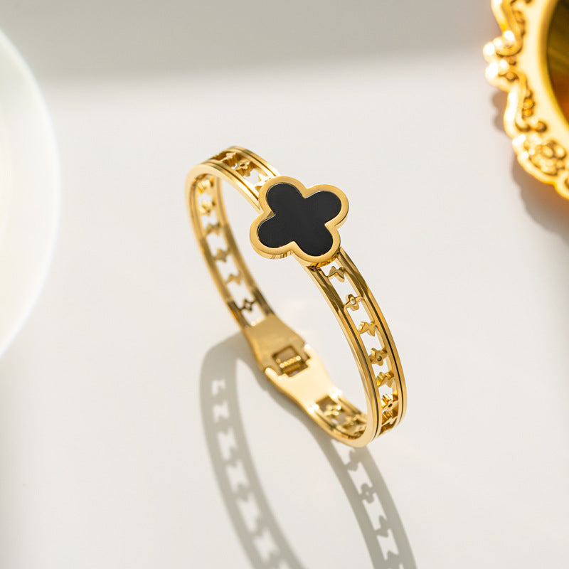 Minimalist Geometric Titanium Steel Bracelet with Micro-Pavé Zirconia for Women – Clover Edition