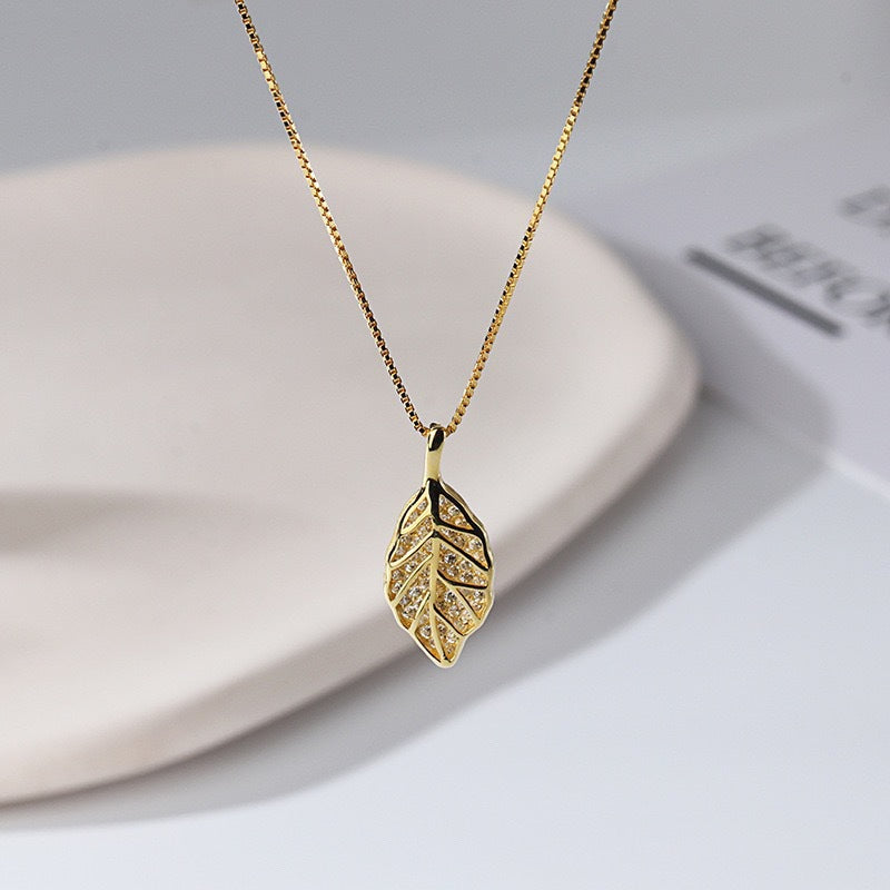 18K Gold Plated Pave Crystal Leaf Necklace