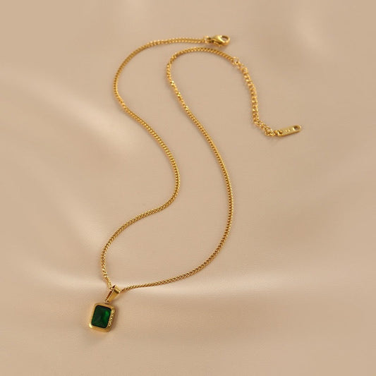 Emerald Horizon Geometric Pendant Necklace | Waterproof Titanium Steel Green Rhinestone Choker